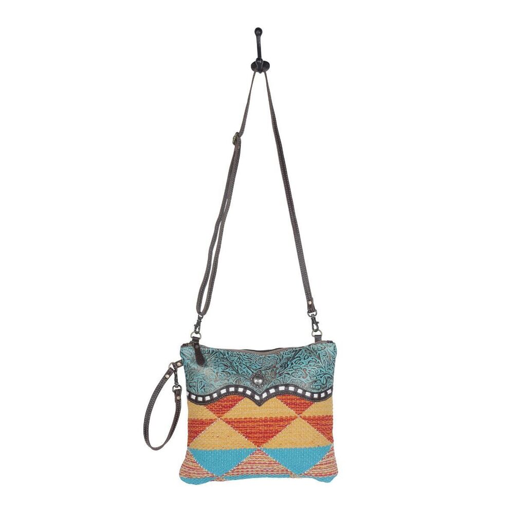 Myra Bag Handmade Xantho Small Crossbody Bag Upcycled Canvas & Cowhide Leather - Picture 5 of 10